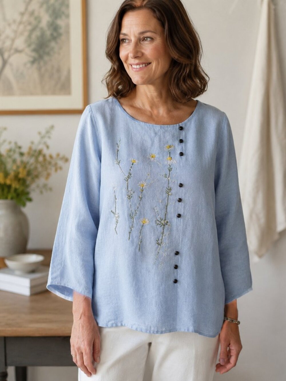 MISSLOOK Light Gauzy Cotton Top Long Sleeve Embroidered Floral Embellished MED